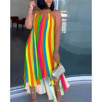 Plus Size Rainbow Stripe Print Cutout Asymmetrical Casual Dress - Multicolor