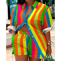 Plus Size Rainbow Stripe Print Shirt & Drawstring Shorts Set - Multicolor