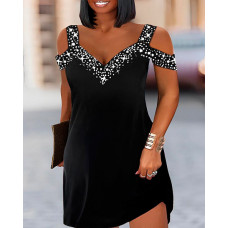 Plus Size Rhinestone Cold Shoulder Casual Dress - black