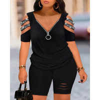 Plus Size Rhinestone Cold Shoulder Top & Ladder Cutout Shorts Set - black