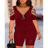 Plus Size Rhinestone Cold Shoulder Top & Ladder Cutout Shorts Set - Wine red