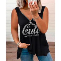 Plus Size Rhinestone Cute Or Whatever Pattern Tank Top - black