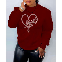 Plus Size Rhinestone Heart Letter Pattern O-Neck Sweatshirt - Wine red