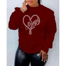 Plus Size Rhinestone Heart Letter Pattern O-Neck Sweatshirt - Wine red