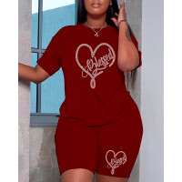 Plus Size Rhinestone Heart Letter Pattern Top & Shorts Set - Wine red