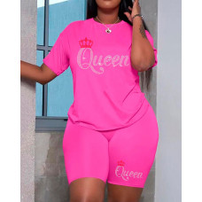 Plus Size Rhinestone Letter Crown Pattern T-shirt & Shorts Set - pink