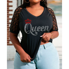 Plus Size Rhinestone Letter Pattern Contrast Lace T-shirt - black