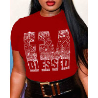 Plus Size Rhinestone Letter Pattern Short Sleeve T-shirt - red