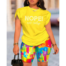 Plus Size Rhinestone Nope Not Today Pattern Top & Melting Colors All Over Print Shorts Set - yellow