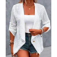 Plus Size Roll Up Sleeve Eyelet Embroidery Buttoned Coat - white