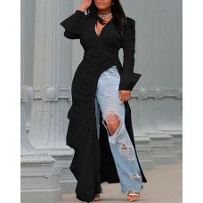 Plus Size Ruched High Slit Longline Top - black