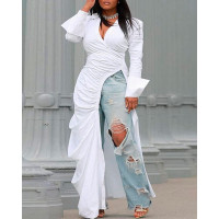 Plus Size Ruched High Slit Longline Top - white