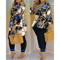 Plus Size Scarf Chain Print Bell Sleeve Top & Pants Set - blue