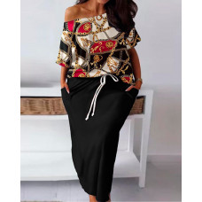 Plus Size Scarf Chain Print Casual Top & Skirt Set - black