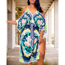 Plus Size Scarf Print Cold Shoulder Slit Dress - blue