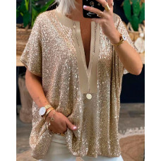 Plus Size Short Sleeve Sequin Top - gold