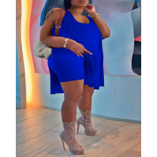 Plus Size Side Slit Casual Tank Top & Shorts Set - blue