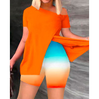 Plus Size Skew Neck Split Top & Ombre Shorts Set - orange