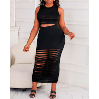 Plus Size Sleeveless Ladder Cutout Bodycon Dress - black