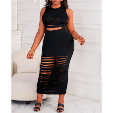 Plus Size Sleeveless Ladder Cutout Bodycon Dress - black