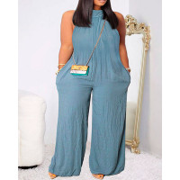 Plus Size Sleeveless Ruched Wide Leg Jumpsuit - blue