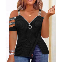 Plus Size Slit Cold Shoulder Ladder Cutout Rhinestone Top - black