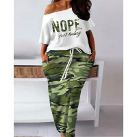 Plus Size Slogan Camo Print Top & Drawstring Maxi Skirt Set - camoflage