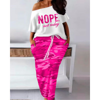 Plus Size Slogan Camo Print Top & Drawstring Maxi Skirt Set - rose red