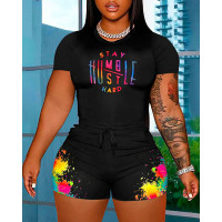 Plus Size Slogan Graphic Tee & Ink Splash Print Shorts Set - black