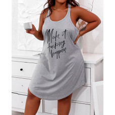 Plus Size Slogan Print Sleeveless Sleep Dress - gray