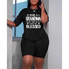 Plus Size Slogan Print Top & High Waist Shorts Set - black