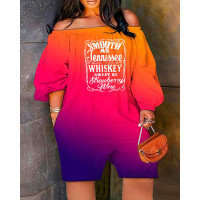 Plus Size Smooth As Tennessee Whiskey Sweet As Strawberry Wine Print Off Shoulder Romper - Multicolor