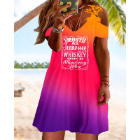 Plus Size Smooth As Tennessee Whiskey Sweet As Strawberry Wine Print Ombre Lace Patch Casual Dress - Multicolor