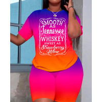 Plus Size Smooth As Tennessee Whiskey Sweet As Strawberry Wine Print Ombre Top & Shorts Set - Multicolor