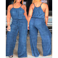 Plus Size Spaghetti Strap Stright Leg Drawstring Jumpsuit - blue