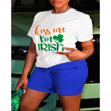 Plus Size St. Patrick's Day Lucky Shamrock Kiss Me I'm Irish Print Top & Shorts Set - blue