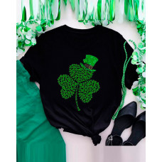 Plus Size St. Patrick's Day Lucky Shamrock Print Casual T-shirt - black