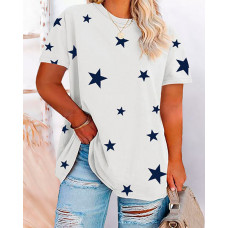 Plus Size Star Print Crew Neck Casual T-shirt - white