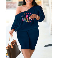 Plus Size Stay Humble Hustle Hard Print Top & Capris Pants Set - purplish blue