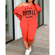 Plus Size Stay Humble Hustle Hard Print Top & Drawstring Pants Set - orange