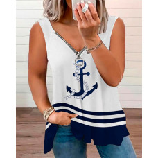 Plus Size Striped Anchor Print Zipper Design Tank Top - blue