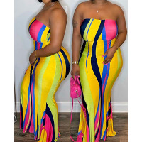 Plus Size Striped Bandeau Mermaid Maxi Dress - yellow