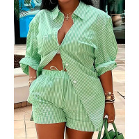 Plus Size Striped Button Design Shirt & Shorts Set - green