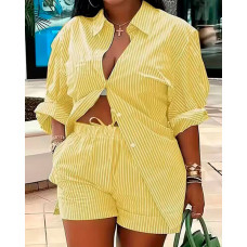 Plus Size Striped Button Design Shirt & Shorts Set - yellow