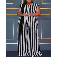 Plus Size Striped Cap Sleeve Wide Leg Jumpsuit - blackwhite