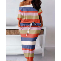 Plus Size Striped Colorblock Cold Shoulder Top & Drawstring Skirt Set - Multicolor