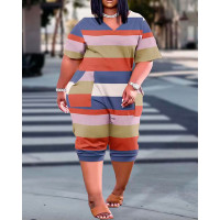 Plus Size Striped Colorblock Pocket Design Short Sleeve Jumpsuit - Multicolor