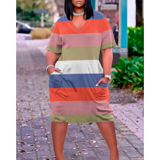 Plus Size Striped Colorblock Pocket Detail Casual Dress - Multicolor