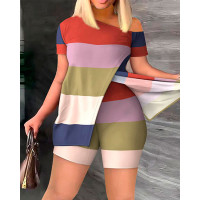 Plus Size Striped Colorblock Print Split Hem Top & Shorts Set - Multicolor