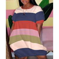 Plus Size Striped Colorblock Short Sleeve Casual Dress - Multicolor